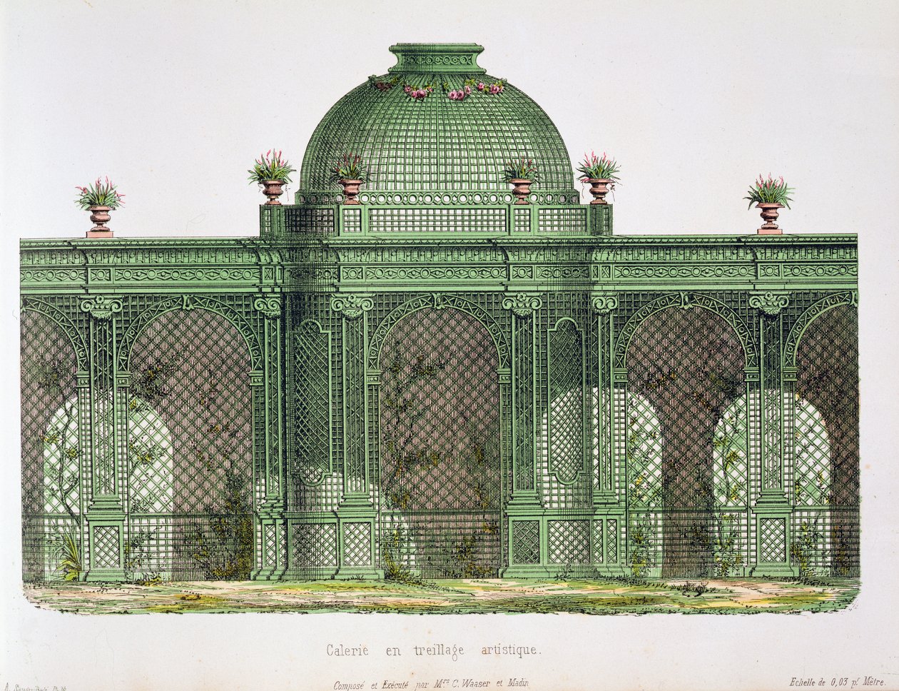 A párizsi Bureau de Moniteur des Menusiers számára közzétett, árkádos, rácsos galéria, központi kupolával alkotó: French School