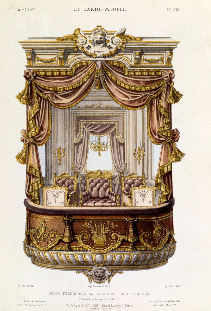 Színházi doboz belső és külső kialakítása, illusztráció a Le Garde-Meuble magazinból, 1860 körül alkotó: French School