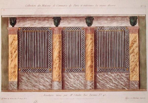 Egy hentesüzlet homlokzatának terve, Párizs legjobban díszített kereskedelmi épületeit ábrázoló sorozatból, 1810 körül (színes litó) alkotó: French School