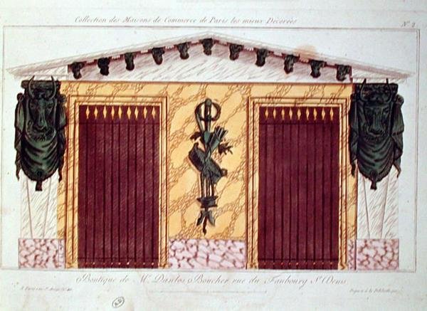 Egy hentesüzlet homlokzatának terve, Párizs legjobban díszített kereskedelmi épületeit ábrázoló sorozatból, 1810 körül (színes litó) alkotó: French School