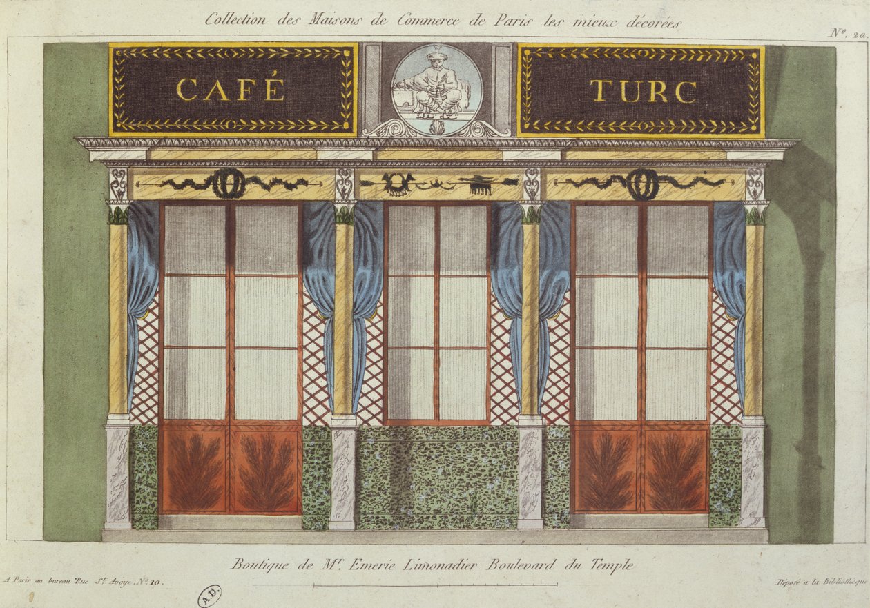 A Cafe Turc homlokzatának terve Párizs legjobban díszített kereskedelmi épületeit ábrázoló sorozatból, 1810 körül alkotó: French School