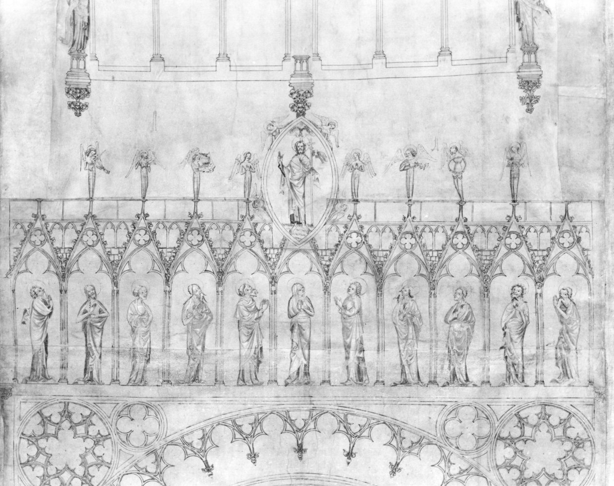 Terv a strasbourgi székesegyház homlokzatán lévő királyok galériájához, 1380 körül (toll, tinta és gouache papíron) (részlet) (lásd: 207686) alkotó: French School