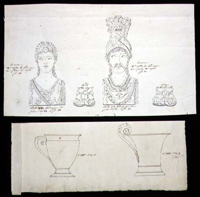 Tervek aranyozott bronzból készült ormolu bútorcsatokhoz és francia empire porcelán csészékhez, 1820 körül (toll és tinta, papír) alkotó: French School