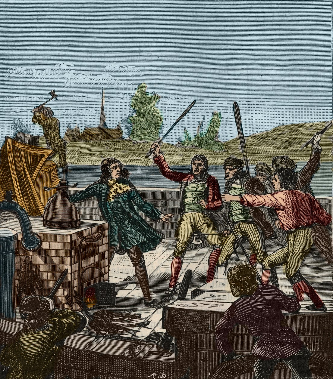 Papin gőzhajójának megsemmisülése - Denis Papin (1647-1712) nézi, ahogy 1707-ben a muendeni hajósok elpusztították lapátos gőzhajóját - Denis Papin (1647-1712) a Les Bateliers de Munden összetöri a gőzhajót - A gravírozás kéznél van mindenböl - alkotó: French School
