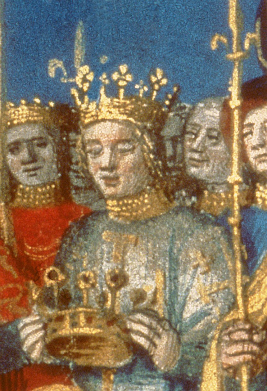 Részlet: Fr 6465 f.247v VIII. Lajos (1187-1226) és Blanche de Castile megkoronázása Reimsben, Jeruzsálem királya (vellum) jelenlétében (38990 részlet) alkotó: French School