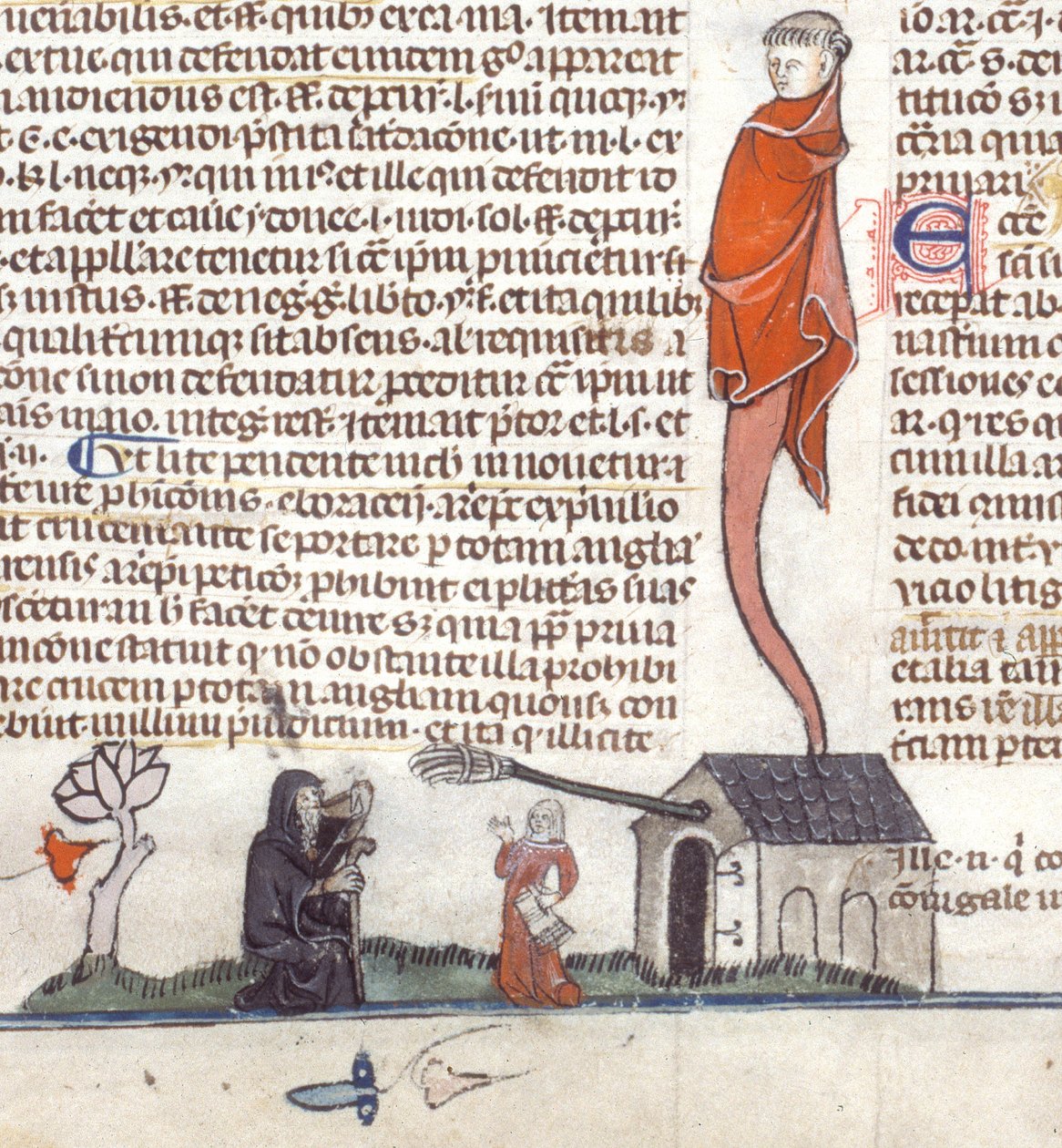 Részlet egy bas-de-page-jelenetről, amelyben egy kocsma előtt ülő remete sört iszik, 1300-40 körül (tinta pergamenre) alkotó: French School