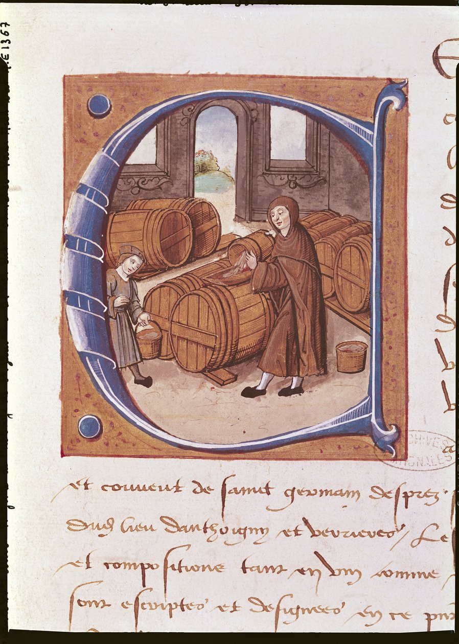 Részlet egy történész kezdőbetűből egy dolgozó borász illusztrációjával, a "Saint-Germain-des-Pres-i apátság anyakönyvéből" (vellum) alkotó: French School
