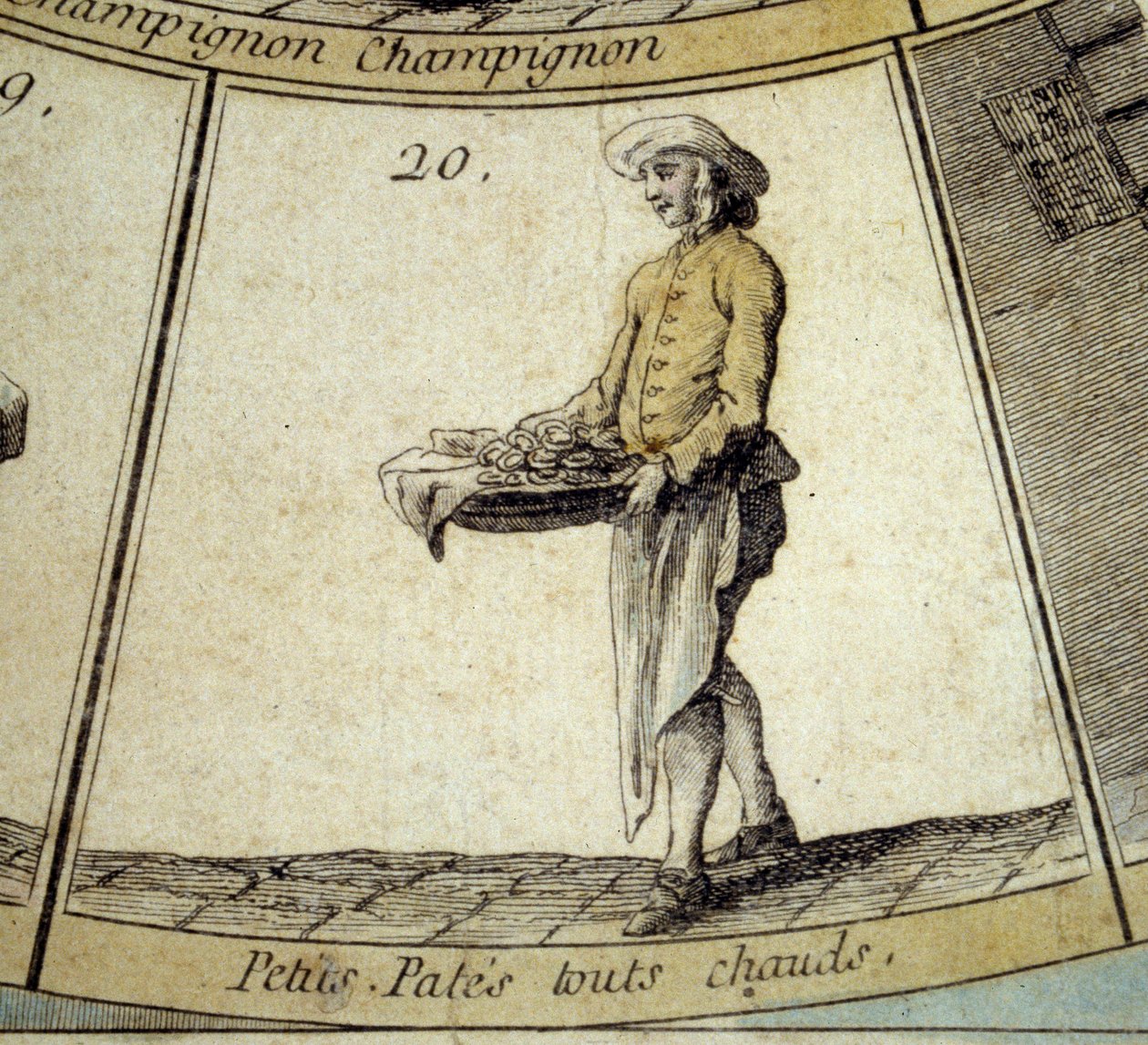 Részlet a Cree of Paris liba játékából: forró kis tésztakereskedő. 18. századi metszet. Coll. Indul. alkotó: French School