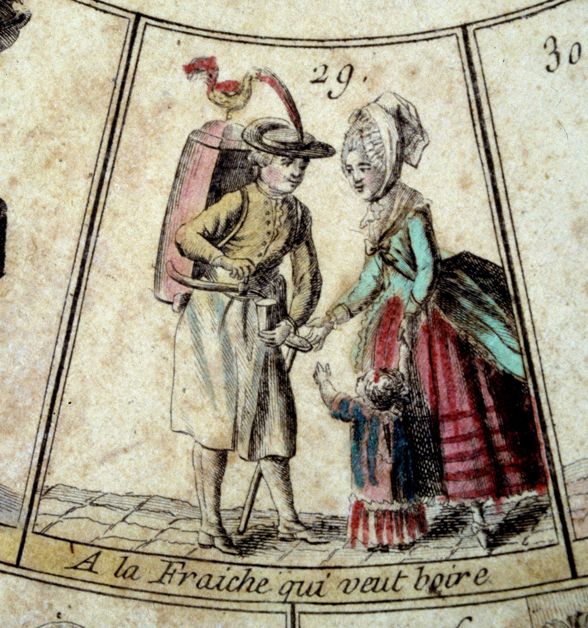 Részlet a párizsi lúd játékából: a tejüzem és a vízhordozó. 18. századi metszet. Coll. Kilépő. alkotó: French School