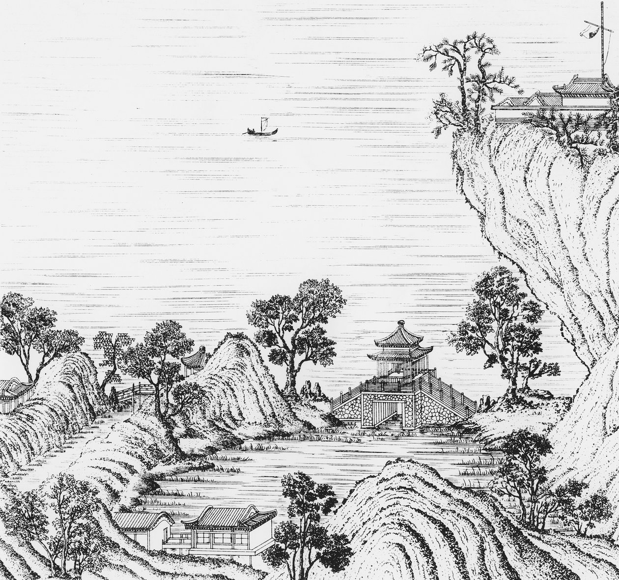 Részlet a kínai császár kertjéről, George Louis le Rouge "Jardins Anglo-Chinois a la Mode"-ból, 1776-89 (metszet) alkotó: French School