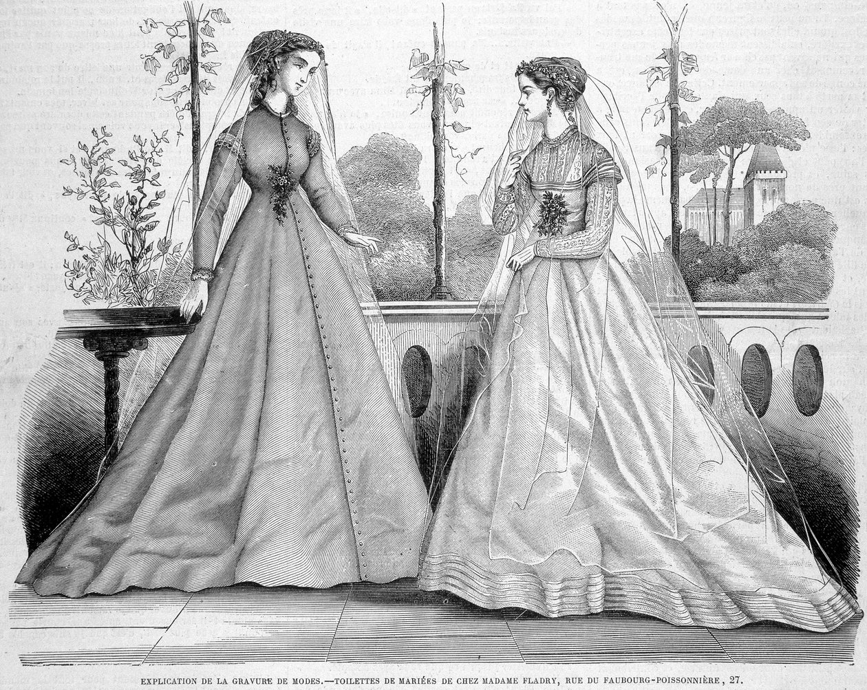 Két menyasszonyi vécé Madame Fladry-től - az 1867.09.29-i „”La Mode illustrée””-ben. alkotó: French School