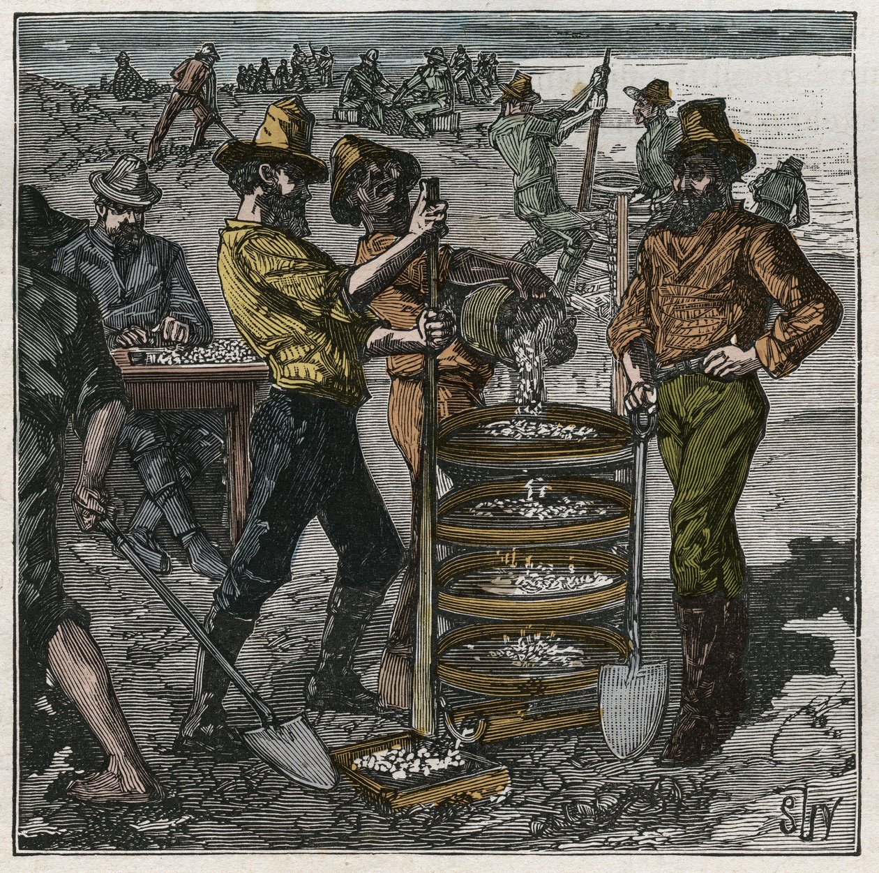 Gyémántmosás Dél-Afrikában a 19. században. Metszet 1885-ből Adolphe BITARD „” Les arts et metiers illustres” című könyvébe. alkotó: French School