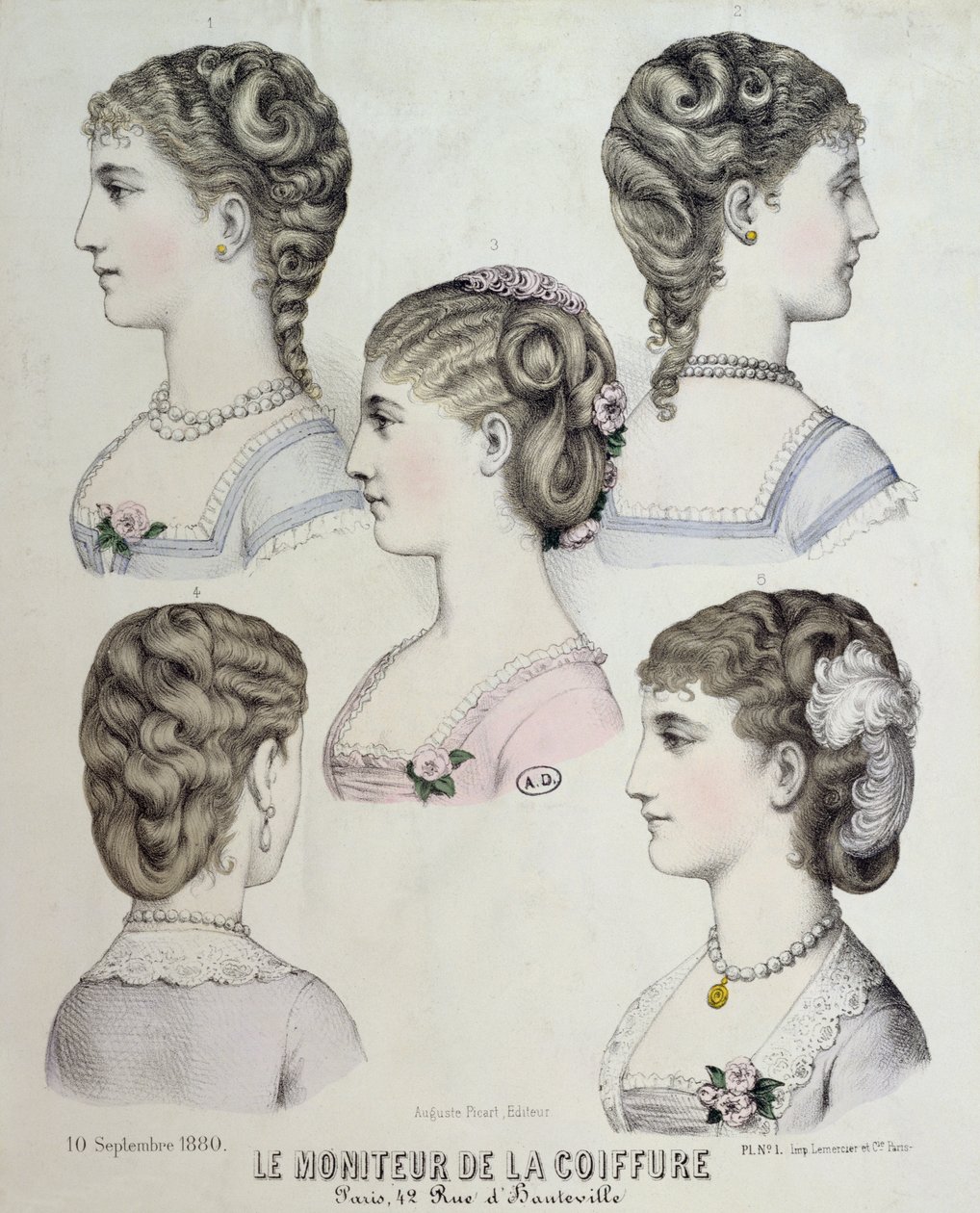 Különböző frizurák, tányér a Le Moniteur de la Coiffure-tól, 1880 alkotó: French School