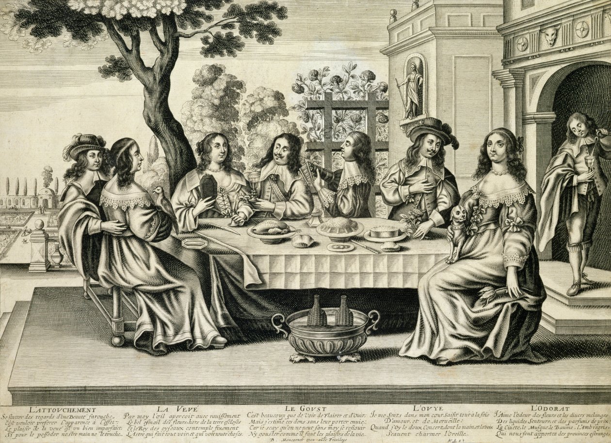 Étkezők a teraszon, alatta formális kerttel, Balthazar Moncornet (1600-68 körül) metszet alkotó: French School
