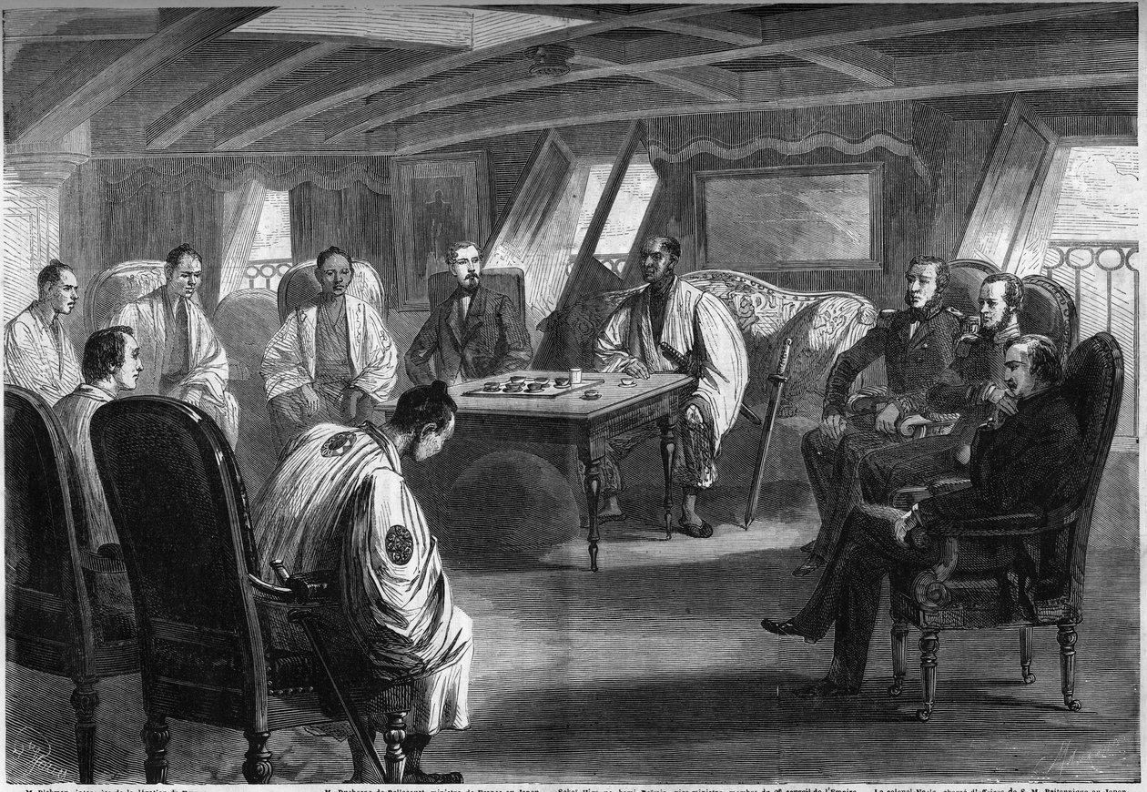 Diplomáciai konferencia a Semiramis francia hajó fedélzetén a Japán és Nagy-Britannia közötti válság megoldására, július 2. alkotó: French School