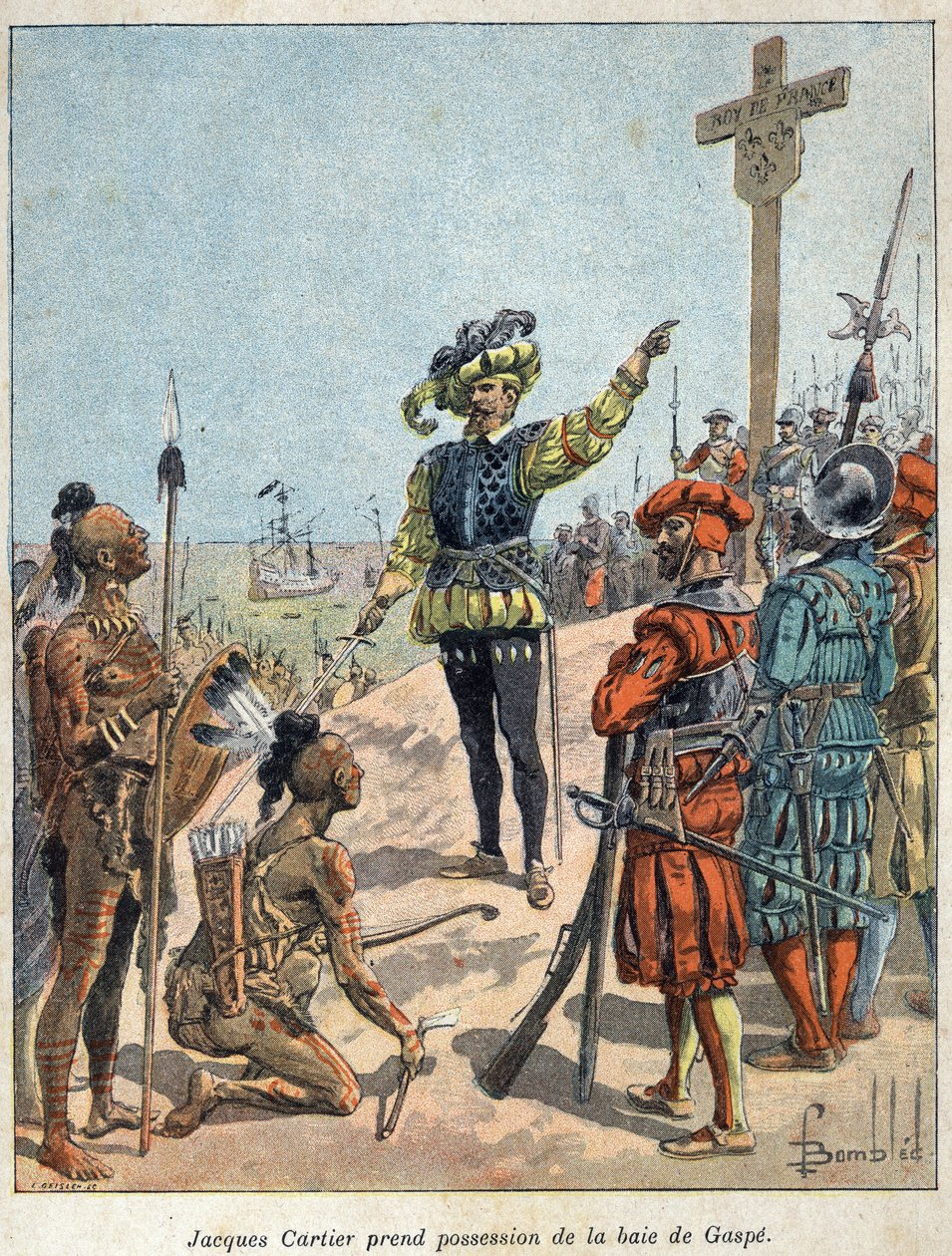 Fedezze fel Kanadát: Jacques Cartier (1491-1557), francia navigátor és felfedező július 24-én birtokba vette a Gaspe-öblöt és a keresztet. alkotó: French School