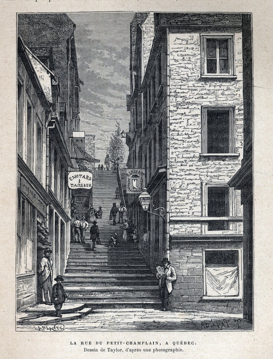 Fedezze fel Kanadát: Rue du Petit Champlain (Petit-Champlain) Quebecben. Taylor rajza fényképről. A 19. század végi metszete Eugene Guenin „La nouvelle France”-jában. alkotó: French School