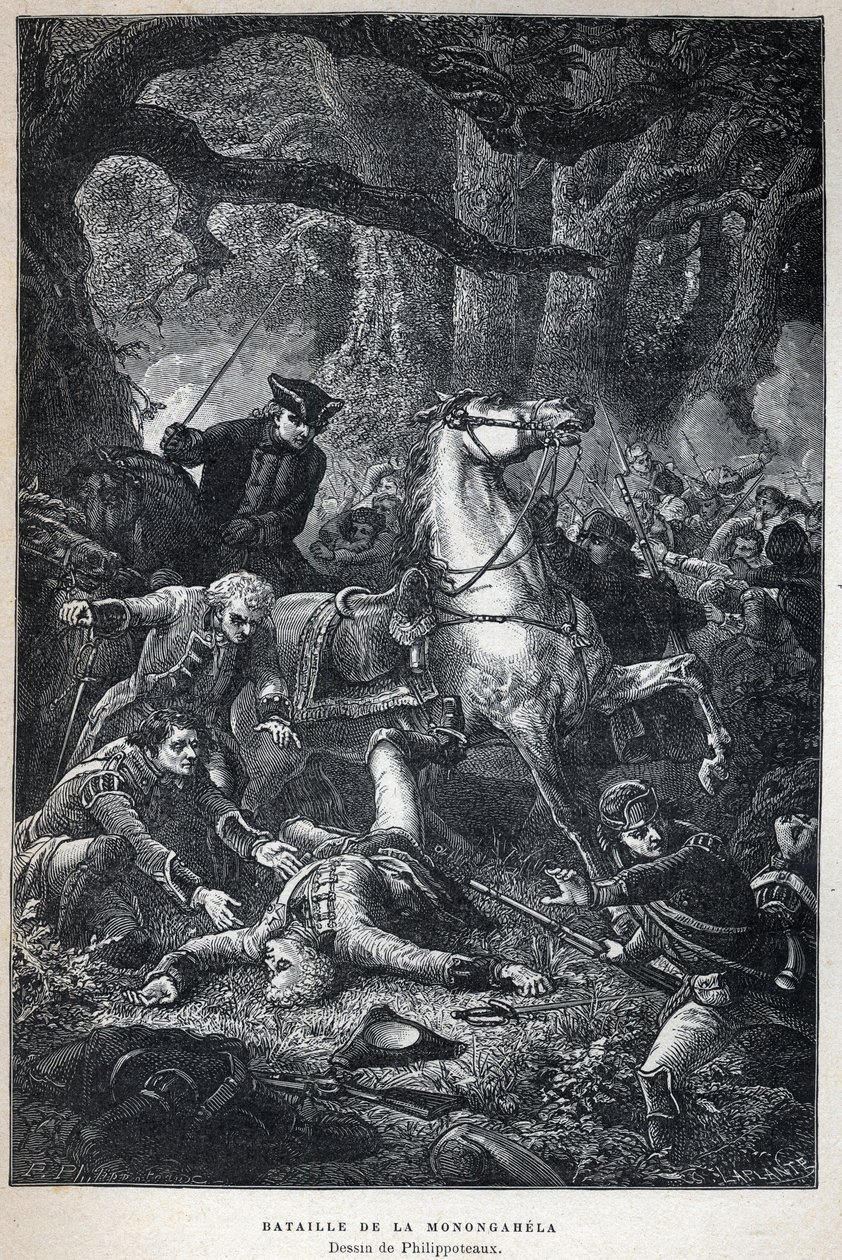 Felfedezték Kanadát: Monongahela csata 1755-ben a hétéves háború alatt. Philippoteaux rajza. A 19. század végi metszete Eugene Guenin „La nouvelle France”-jában. alkotó: French School