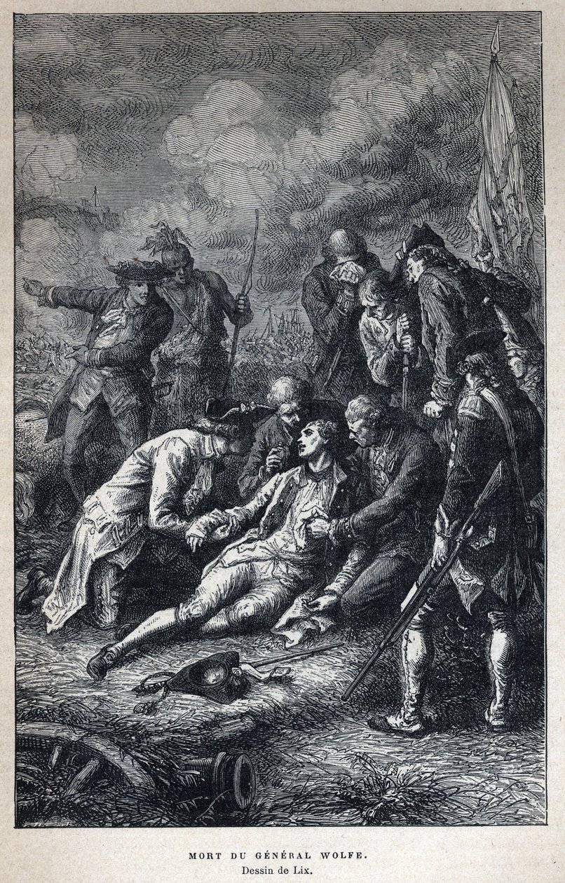 Felfedezték Kanadát: James Wolfe tábornok (1727-1759) brit katona halálát a quebeci csatában szeptember 13-án alkotó: French School