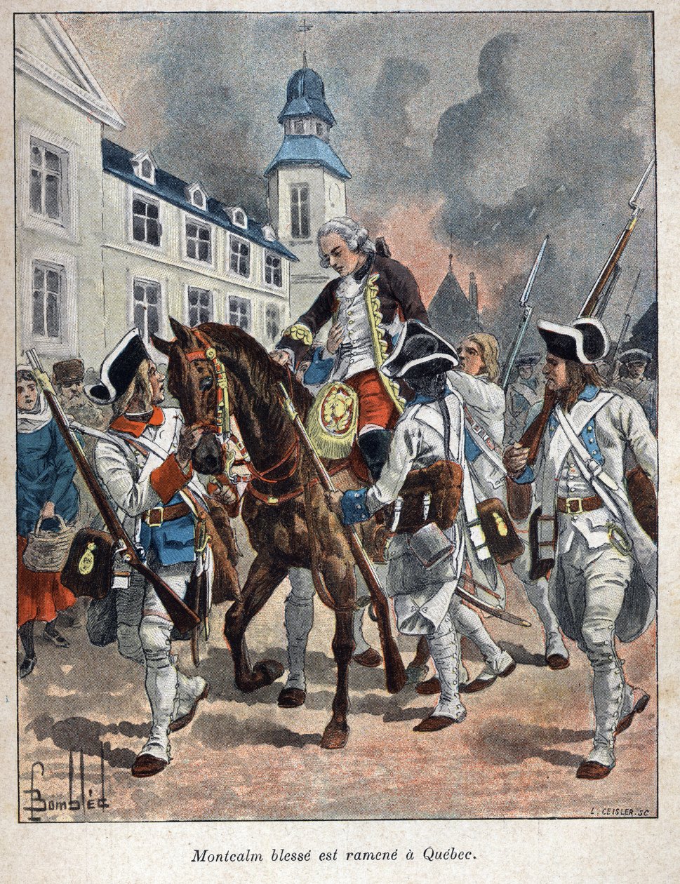 Felfedezte Kanadát: Louis Joseph de Montcalm (1712-1759) francais tábornok Quabec város angolok általi ostroma során megsérült, és 1759-ben visszahozták Quebecbe. Eugene „La nouvelle France” című metszete a 19. század végéről Guenin. alkotó: French School