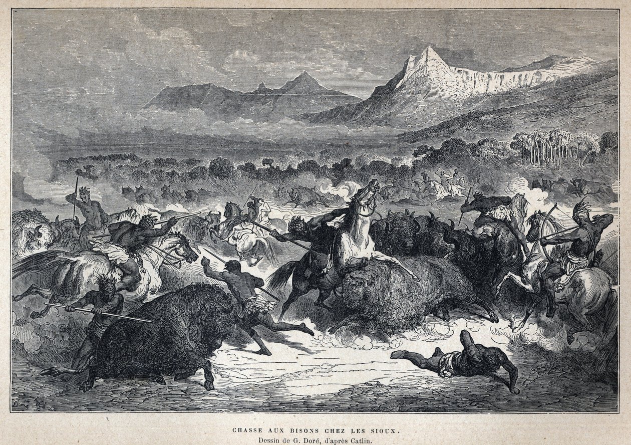 Felfedezte Kanadát: sziú bölényvadászat. Gustave Dore rajza Catlin után. A 19. század végi metszete Eugene Guenin „La nouvelle France”-jában. alkotó: French School
