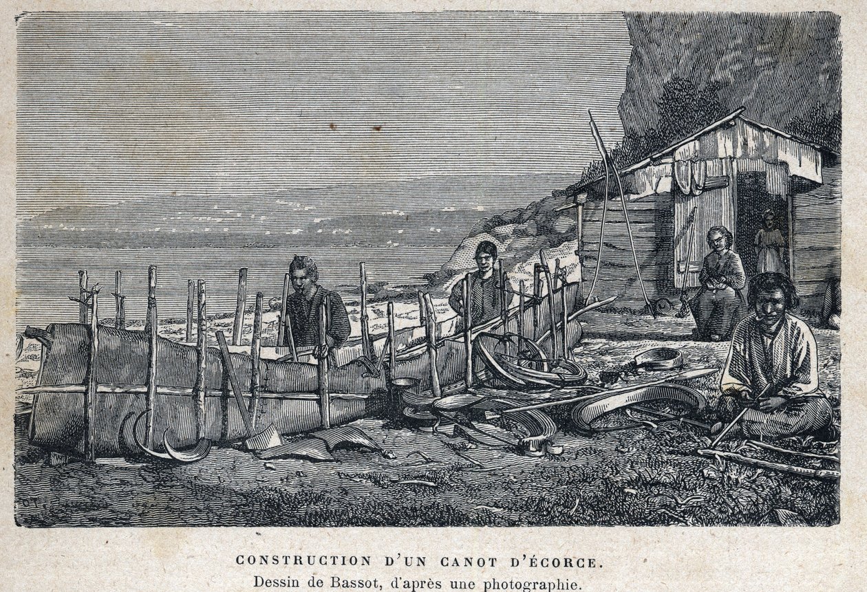 Felfedezte Kanadát: kéregkenu építése. Bassot rajza fénykép után. A 19. század végi metszete Eugene Guenin „La nouvelle France”-jában. alkotó: French School