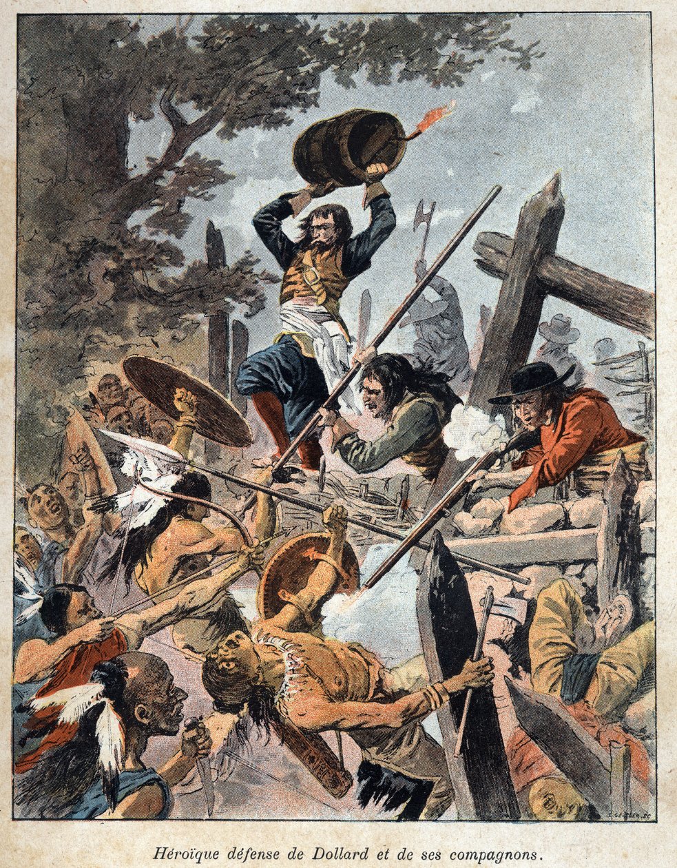 Felfedezte Kanadát: Adam Dollard des Ormeaux (1635-1660) és társai védelme az irokéz Amerika indiánjai ellen, hogy megvédjék táborhelyüket 1657-ben. Eugene Guenin „La nouvelle France” című metszete a 19. század végéről. alkotó: French School