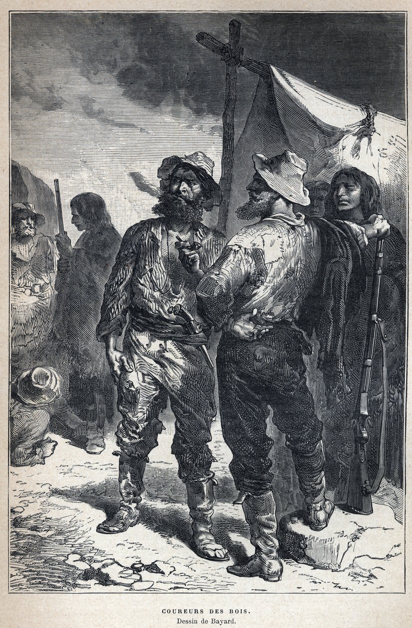 Kanadából fedezték fel: coureur des bois (az amerikaiakkal folytatott szőrmekereskedelemben vesz részt). Bayard rajz. A 19. század végi metszete Eugene Guenin „La nouvelle France”-jában. alkotó: French School