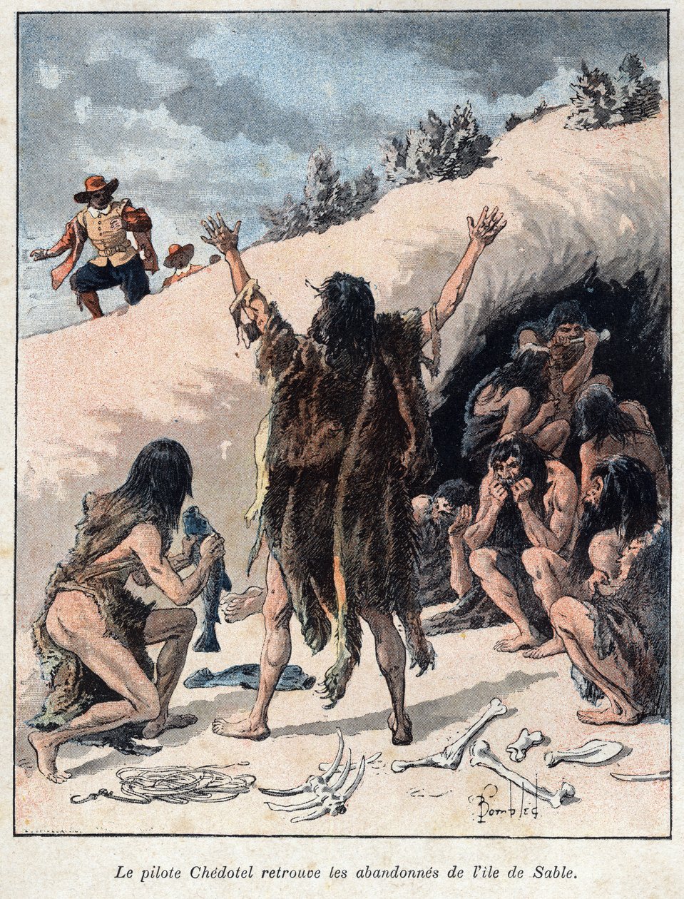 Kanadából fedezték fel: Alexis Chedotel pilóta 1578-ban a homokos szigeten találja meg a Troilus du Mesgouez, de la Roche márki néven emlegetett legénységet. Eugene Guenin „La nouvelle France” című metszete a 19. század végéről. alkotó: French School