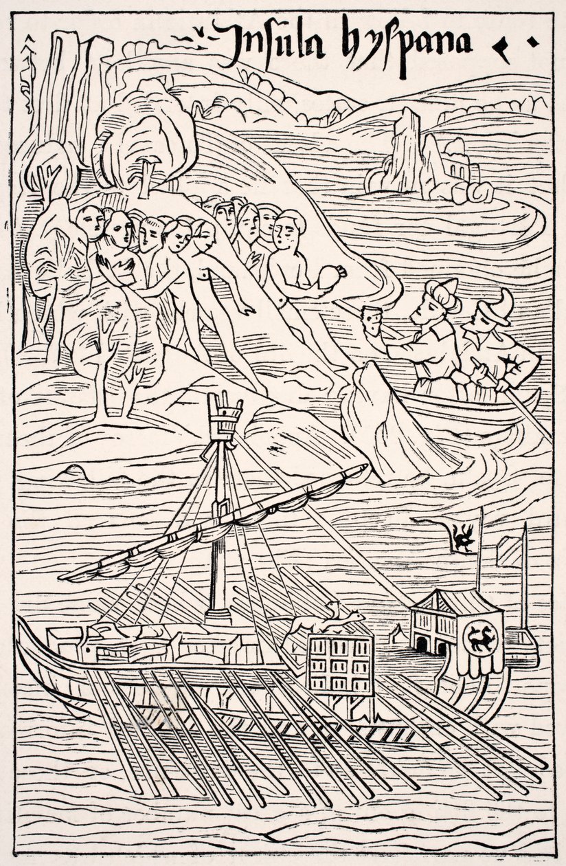 Santo Domingo felfedezése, Insula Hyspana, Kolumbusz Kristóf, Christoferi Colom levél fametszete fakszimile, a Tudomány és irodalom középkorban, Paul Lacroix pub. London 1878 alkotó: French School