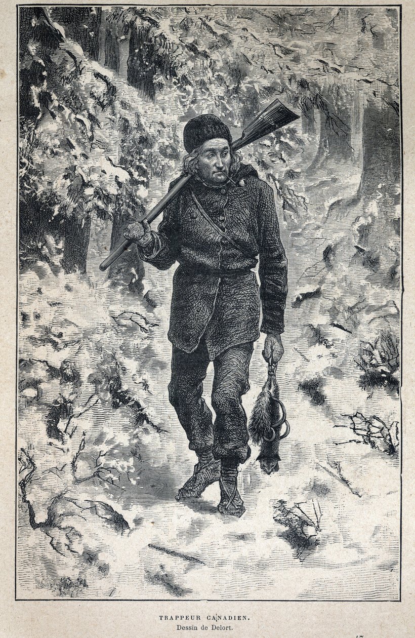 Disouverte du Canada: egy kanadai trapper portréja az erdőben. A 19. század végi metszete Eugene Guenin „La nouvelle France”-jában. alkotó: French School