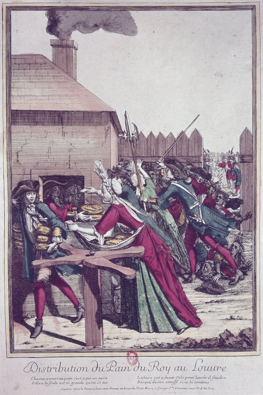 A Pain du Roi (Királykenyér) kiosztása a Louvre-ban éhínség idején (színes gravírozás) alkotó: French School