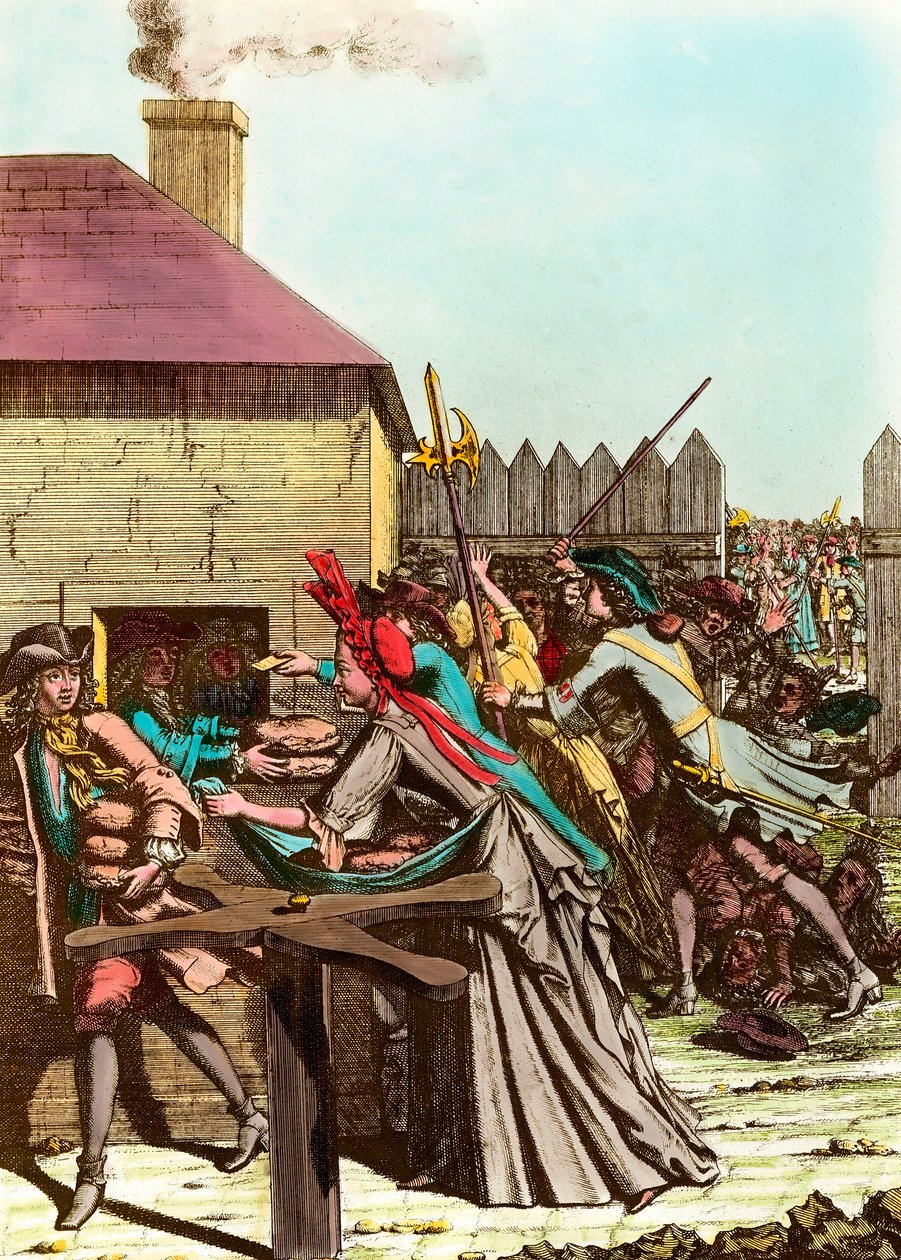 A király kenyerének kiosztása a Louvre-ban 1709-ben a nagy tél után, ami a gabonaár emelkedését és nagy éhínségeket idézett elő. Metszet a 18. század végéről. Magángyűjtemény alkotó: French School