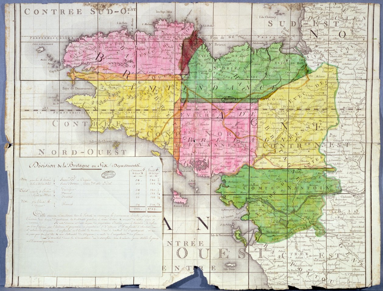 Bretagne felosztása hat megyére, 1789-90 körül (színes litho) alkotó: French School