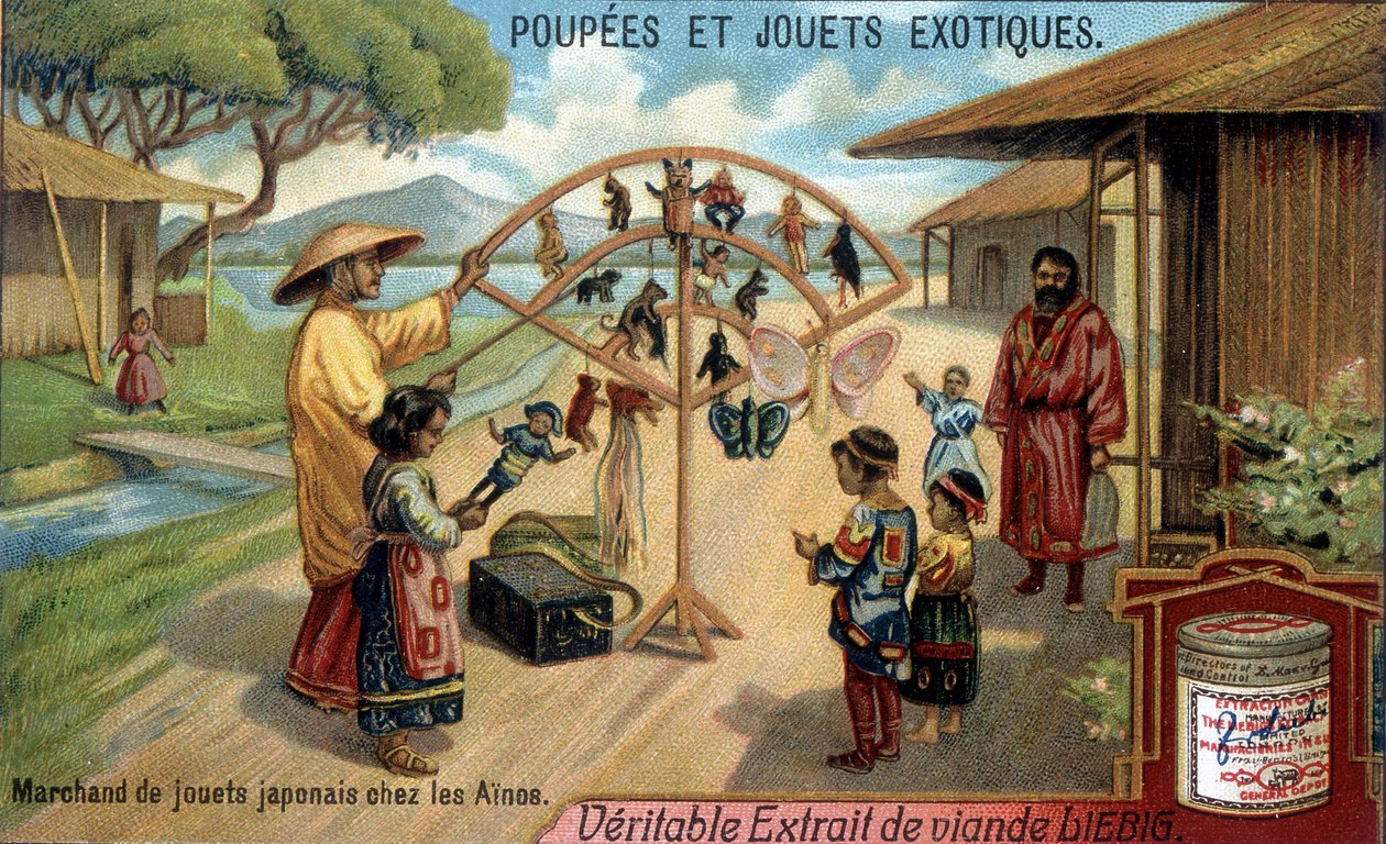 Babák és egzotikus játékok: japán játékkereskedő a chishima-i ainu (ainu) törzsben. Liebig termékek kromolitográfiája. alkotó: French School