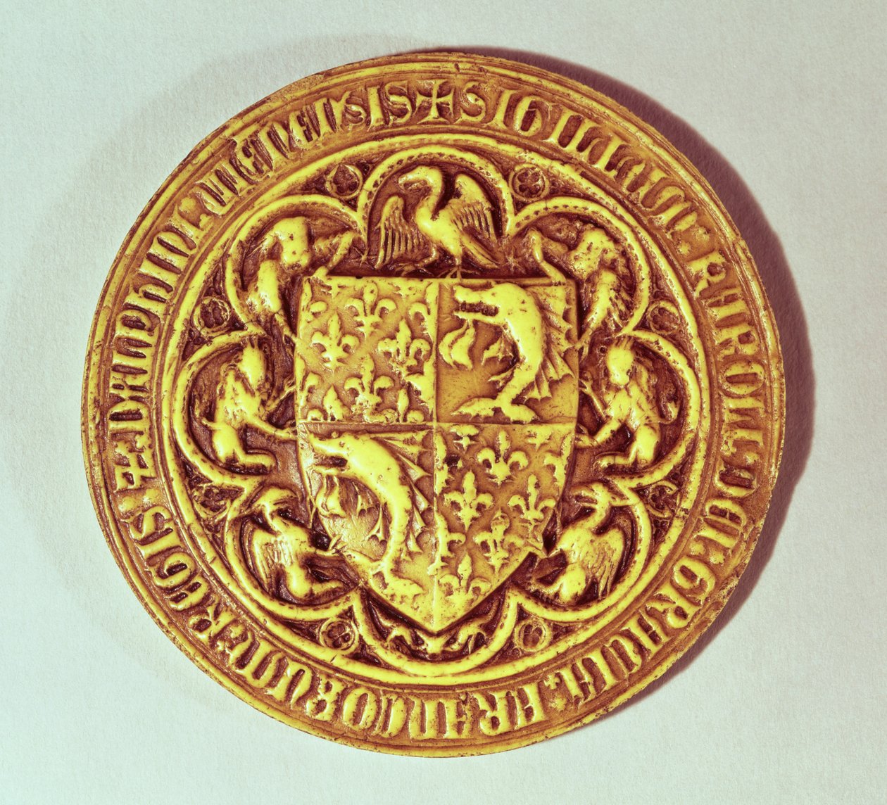 Delfinpecsét, Franciaország pajzsa delfinekkel és fleur-de-lys-szel, 1376 alkotó: French School