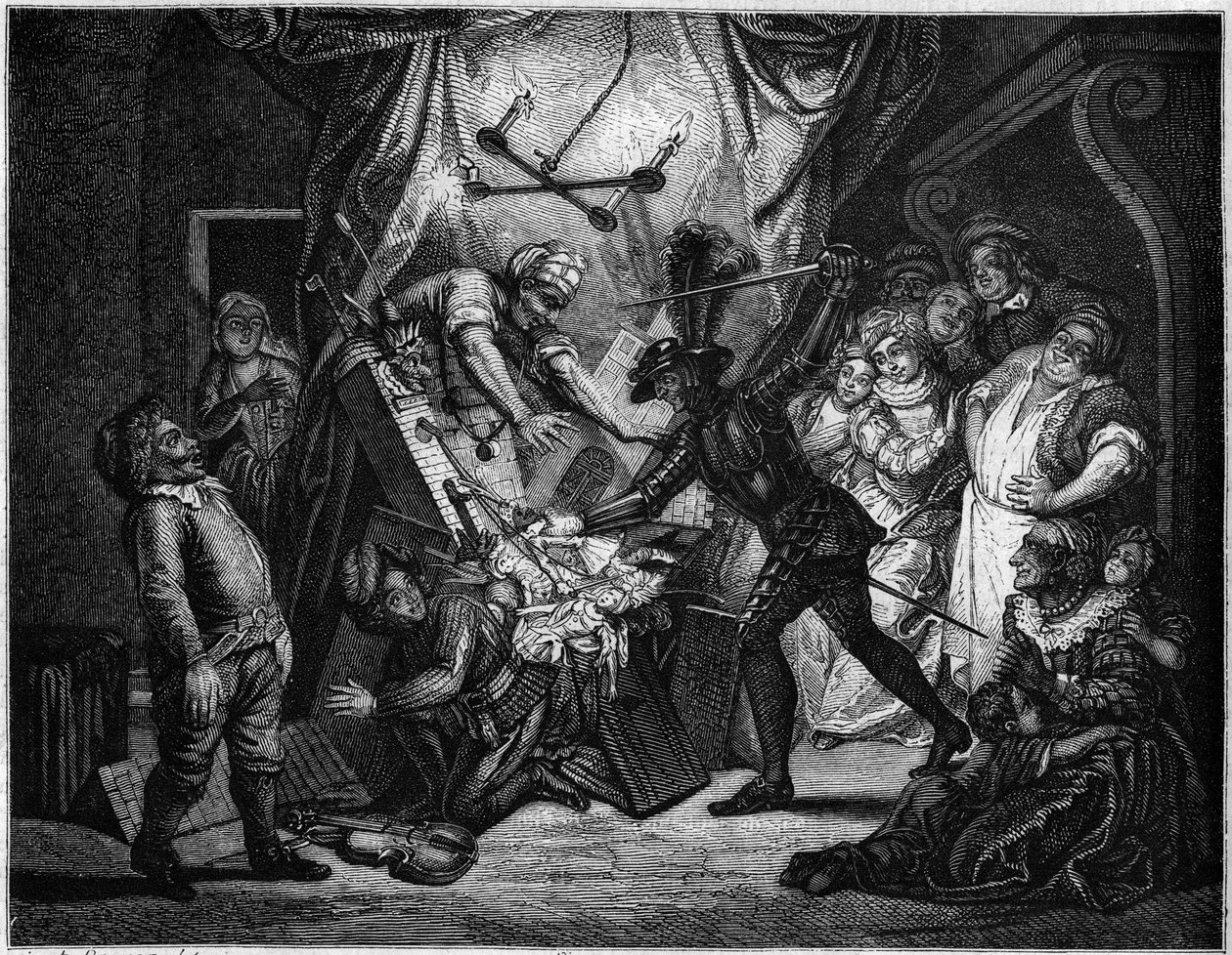 Don Quijote a móroknak vélt bábokkal harcol. V. Beauce metszete Charles Antoine Coypel (1694 - 1752) Cervantes (1547-1616) regényét illusztráló festménye nyomán. A „Le Magasin festői”-ben alkotó: French School