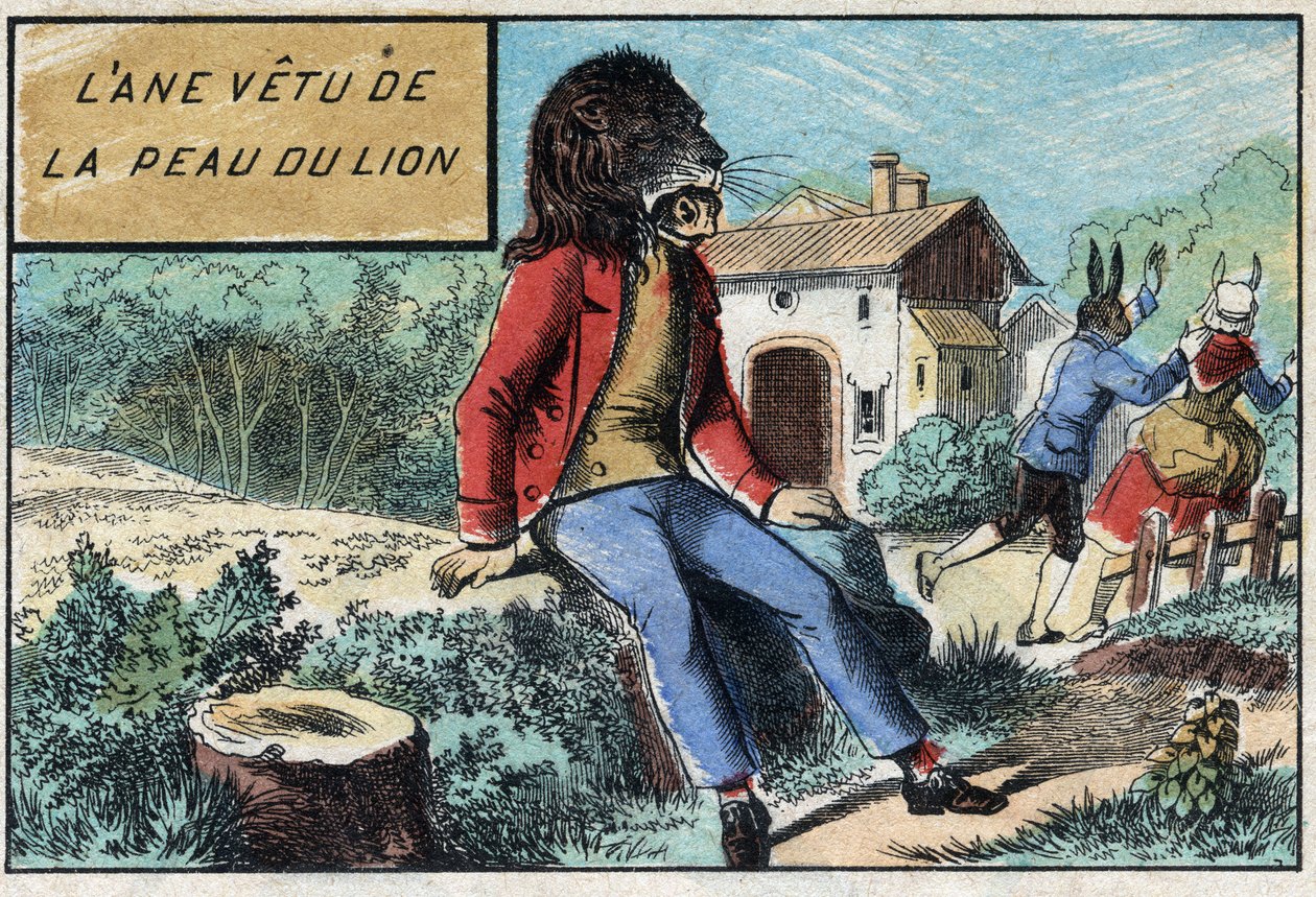 Az oroszlán bőrét viselő szamár. Jean de La Fontaine (1621-95) meséi. Epinal képalkotása a 19. század végéről. alkotó: French School