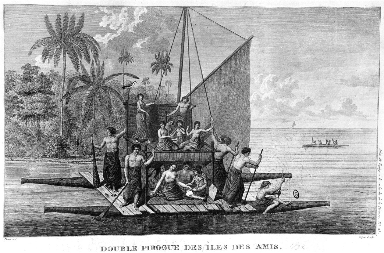 A Barátságos Szigetek Dupla Pirogue, illusztráció az Atlas du Voyage a la recherche de La Perouse-ból, 1792 alkotó: French School