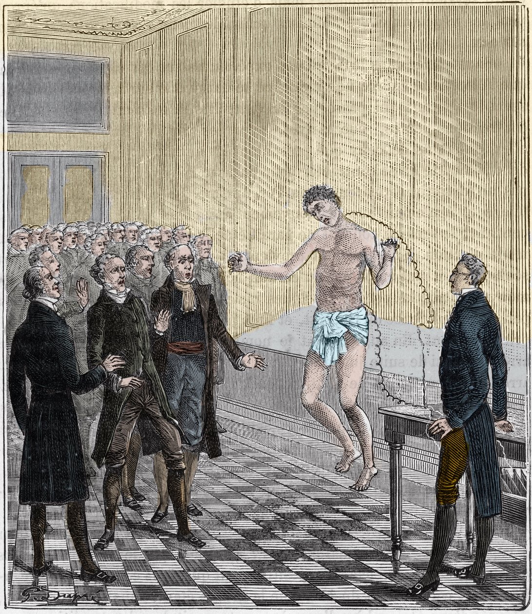 Dr. Andrew Ure, aki feszültségkísérleteket végez a kivégzett gyilkos, Clydesdale testén 1818-ban - Andrew Ure (1778-1857) tapasztalata egy holttesten - Metszet a „tudományok minden ajtajába – fizika és kémia” szövegbe. Alexis Clerc – 19. vége alkotó: French School