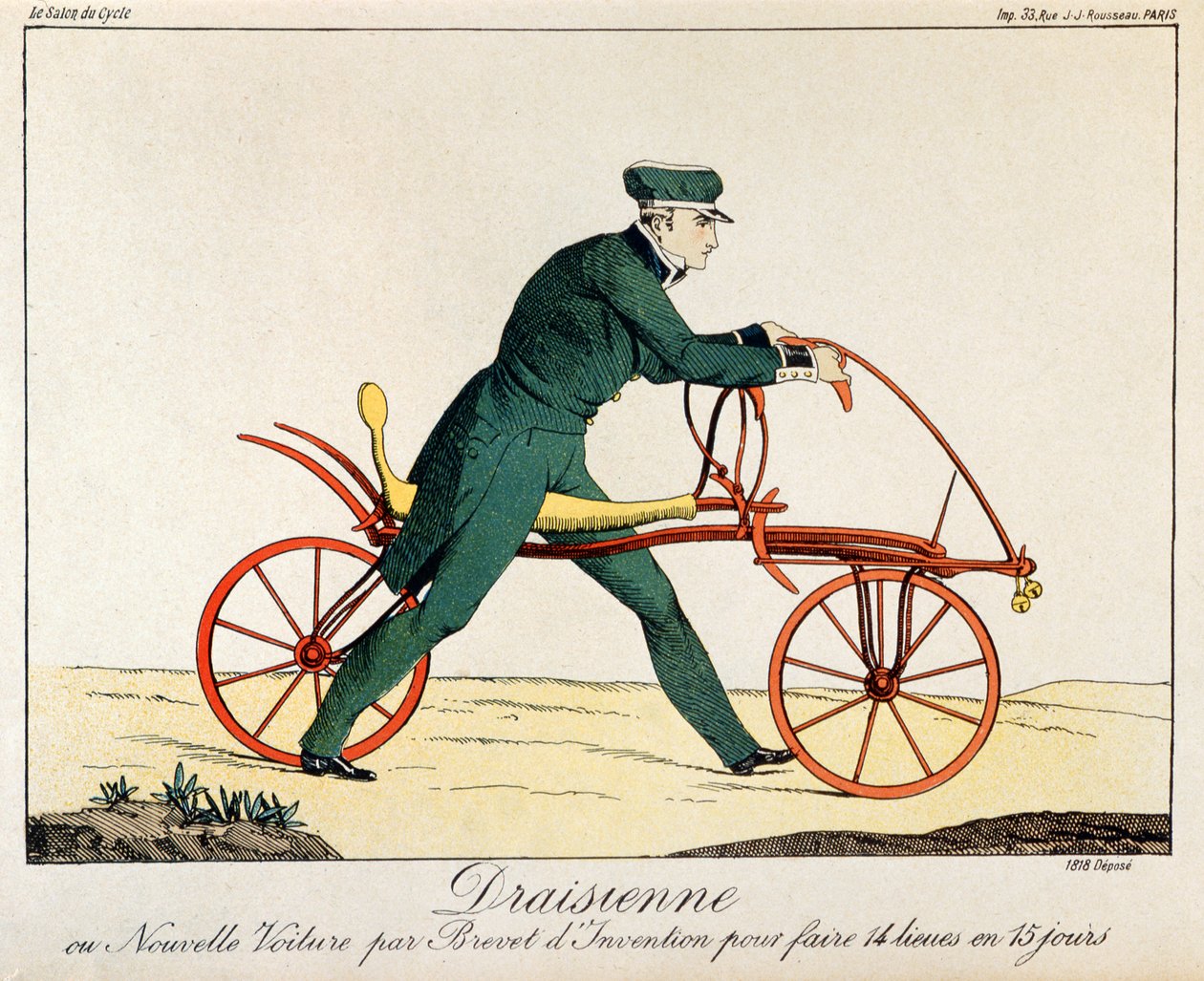 Draisienne, a kerékpár őse, 1820 (színes metszet) alkotó: French School