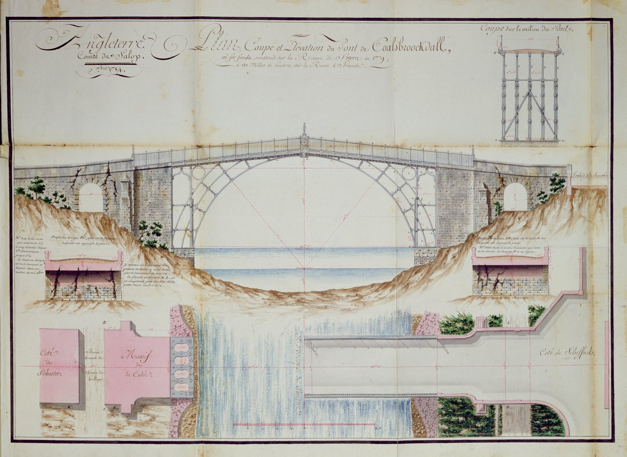 Az 1779-ben Coalbrookdale-ben, Shropshire-ben, Angliában épített vashíd rajzai és keresztmetszete, 1784 (toll, tinta és WC papíron) alkotó: French School