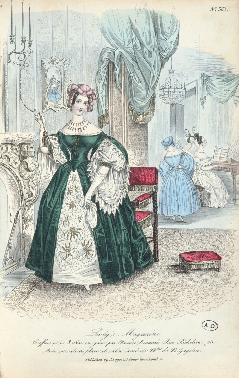 Sima bársony és sánta szatén ruha, párizsi divattányér a The Ladys Magazine-tól, 1831-ben Londonban alkotó: French School
