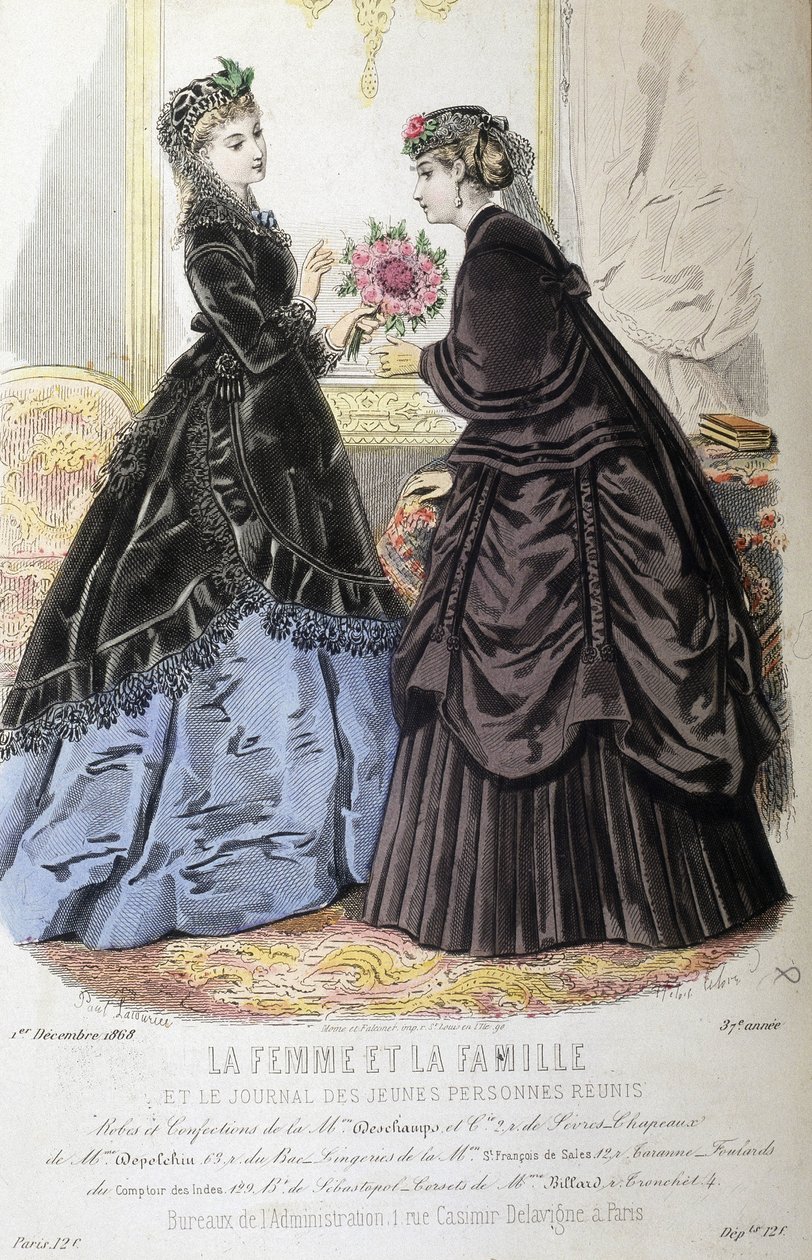 Ruhák és frizura - az 1868.12.01. „Újraegyesült az asszony és a család és a Fiatalok újságja” c. alkotó: French School