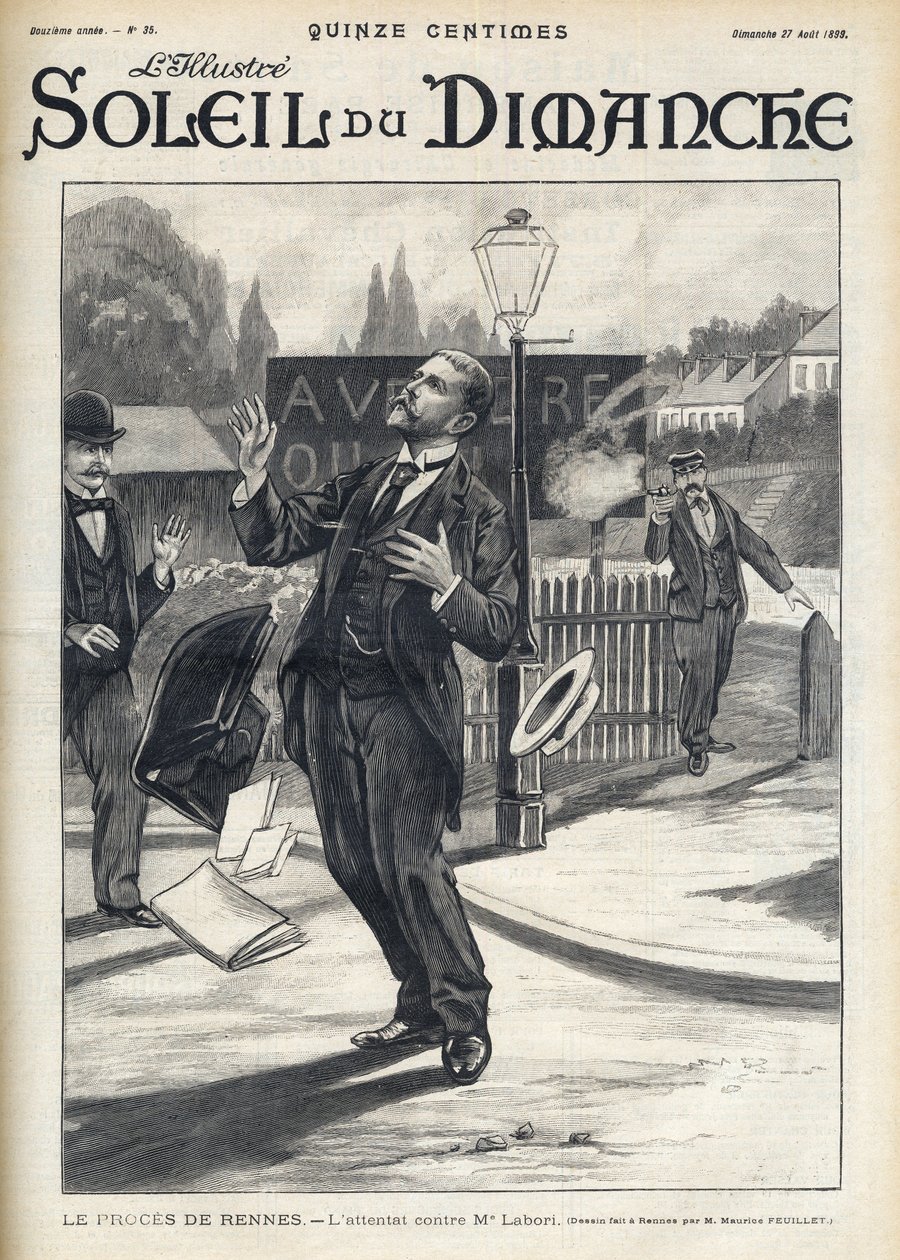 Dreyfus-ügy – Maitre Labori elleni gyilkossági kísérlet a Rennes-i per során – Támadás Fernand Labori (1860-1917), Alfred Dreyfus (1859-1935) védőügyvédje ellen Rennes-ben, miközben a férfi a hátán volt. utat arra a helyre, ahol a alkotó: French School