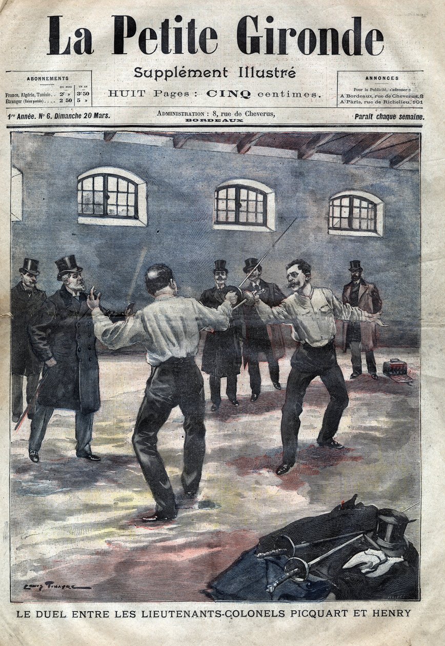 Dreyfus-ügy: Georges Picquart alezredes (1854-1914) és Hubert Henry (1846-1898) párbaja a párizsi katonai iskolában. Az 1898. márciusi „La petite Gironde” borítója (metszet) alkotó: French School