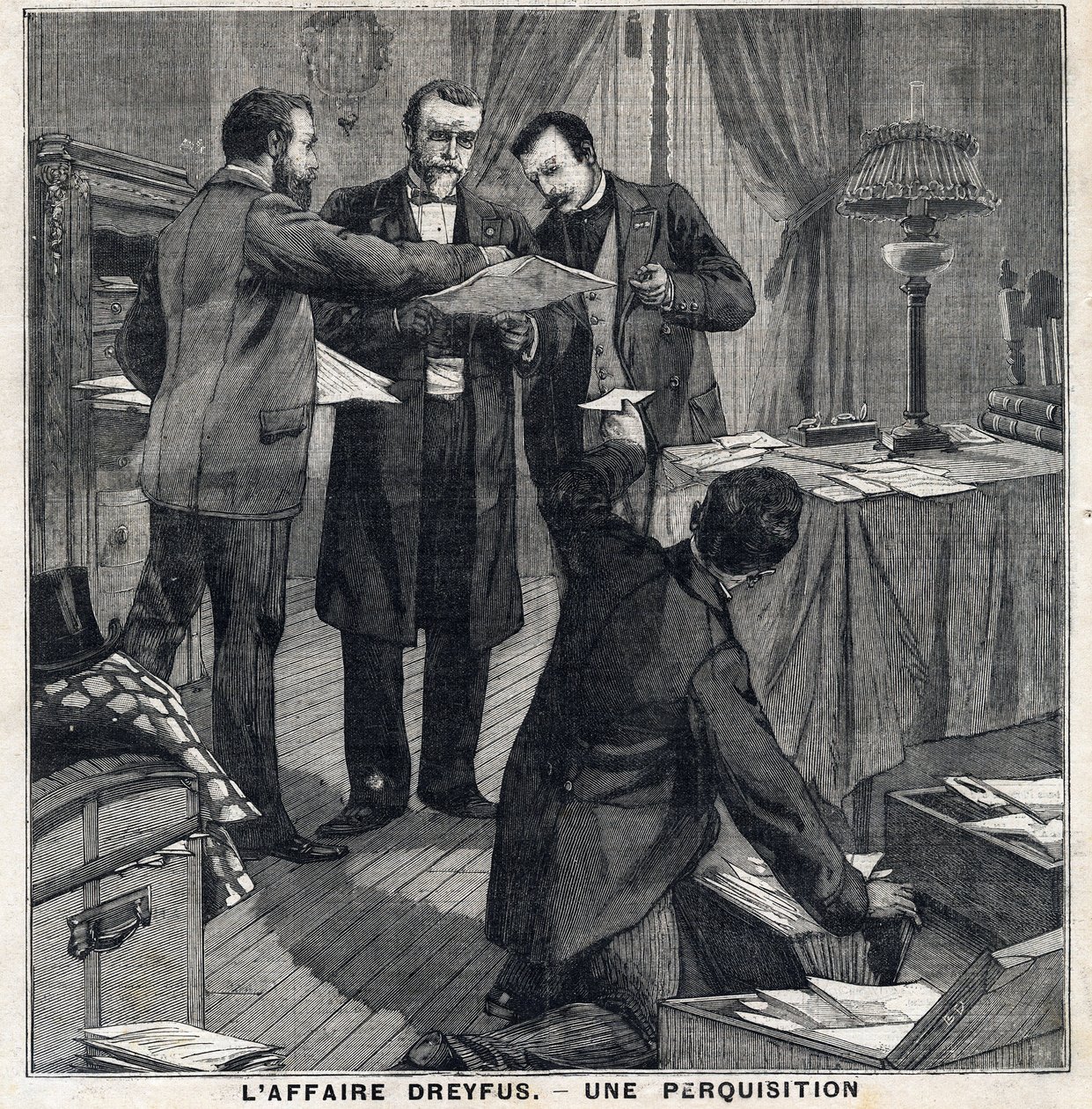Dreyfus-ügy: Három egyszerű ruhás tiszt és egy rendőrbiztos házkutatást tart Georges Picquart (1854-1914) otthonában. A „” Le Peute Parisien”-ben 1897.05.12. Magángyűjtemény alkotó: French School