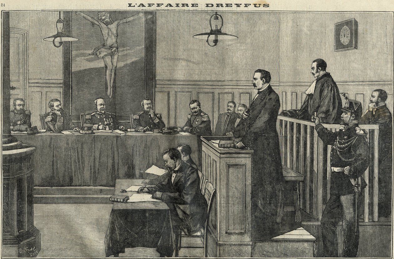 Dreyfus-ügy 1898-ban: a haditanács meghallgatása: Esterházy parancsnok pere. „Le petit parisien” metszet 1898-ból. alkotó: French School