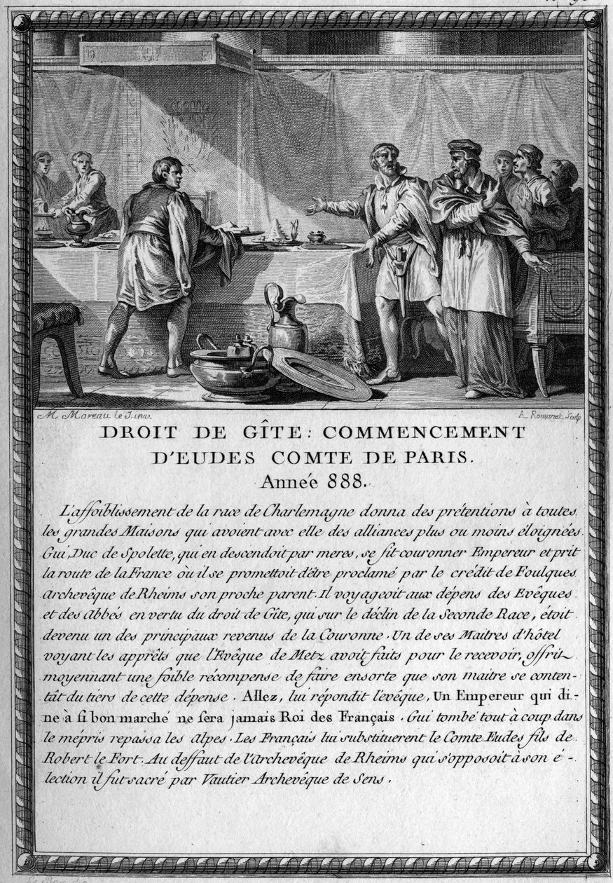 Droit de Gite, Eudes kezdete, Párizs grófja, 888. Guy (Gui) III király, Spolete hercege (meghalt 894-ben) a metzi Éva heberger volt a kunyhó joga alatt (feodális jog, amely az úrnak adja a jogot) hogy heberger legyen az emberei mellett, amikor beköltözik alkotó: French School