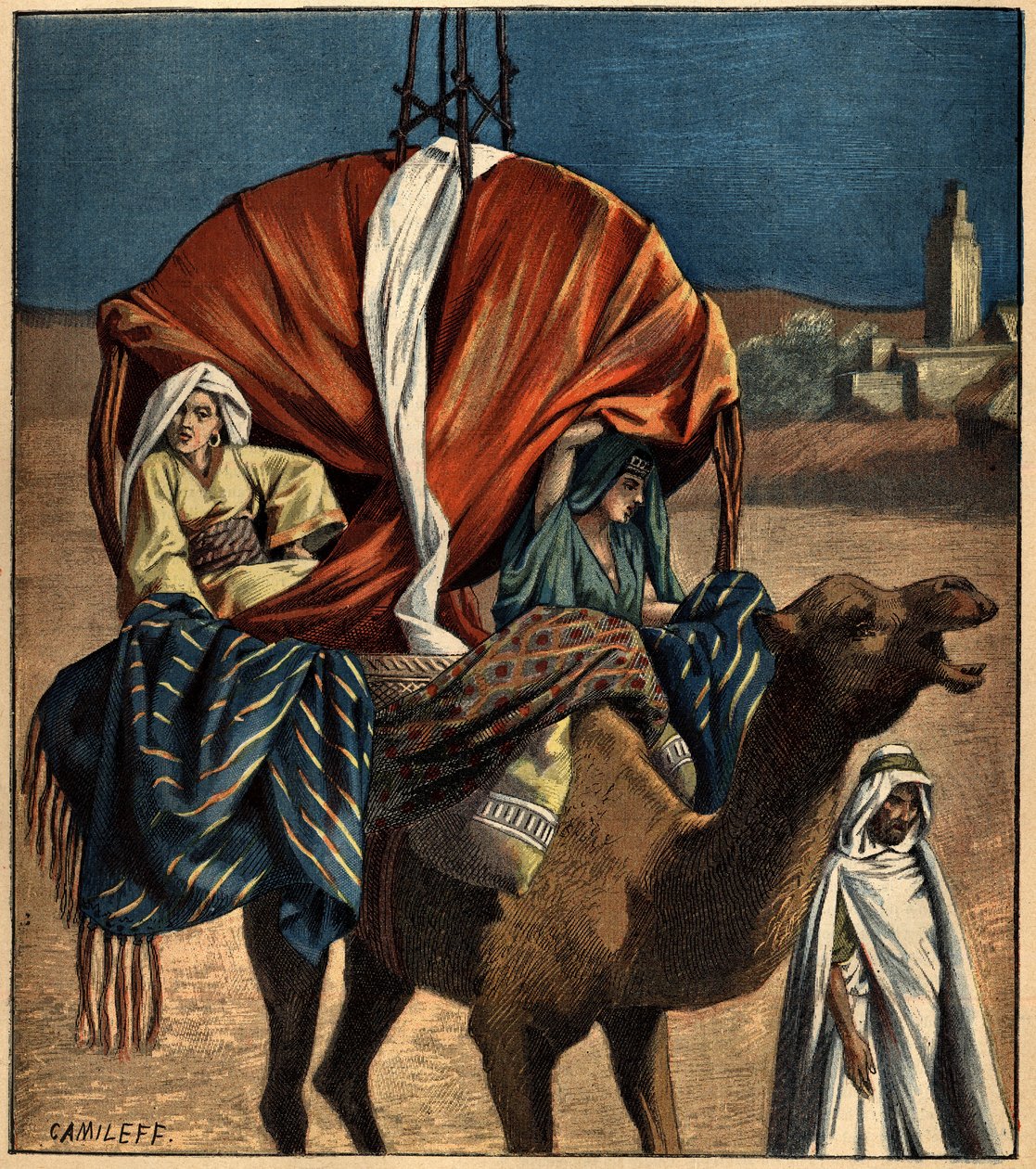 A dromedárt közlekedési eszközként használják. Tunézia, Afrika alkotó: French School
